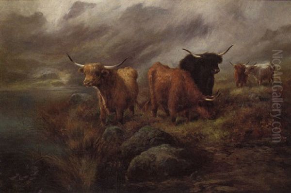 Highland Cattle By A Loch Oil Painting by John W. Morris