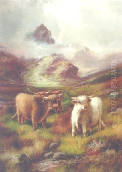 Highland Cattle In A Mountainous Landscape Oil Painting by John W. Morris