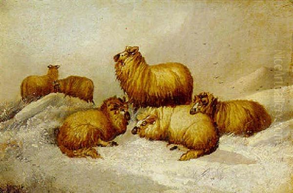 Sheep In A Winter Landscape Oil Painting by John W. Morris