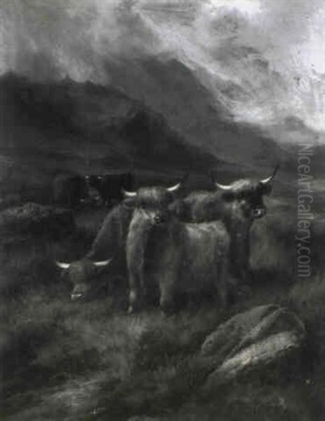 Highland Cattle In A Glen Oil Painting by John W. Morris