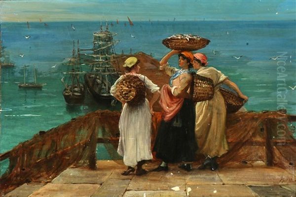 Fishermens' Wives At The Pier Oil Painting by Philip Richard Morris