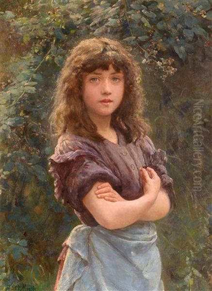 A Young Girl Collecting Blackberries From A Hedgerow Oil Painting by Philip Richard Morris