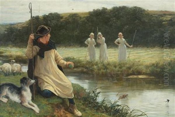 Young Shepherd In A Pastoral Landscape With Figures Oil Painting by Philip Richard Morris