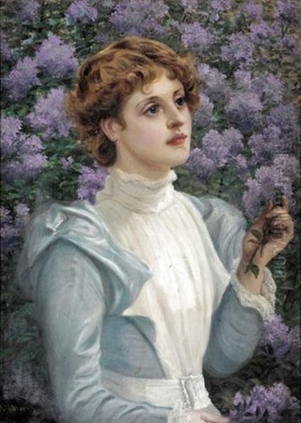 Lady Beside A Lilac Bush Oil Painting by Philip Richard Morris