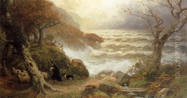 A Shepherd With His Flock With A Rough Sea Beyond Oil Painting by Philip Richard Morris