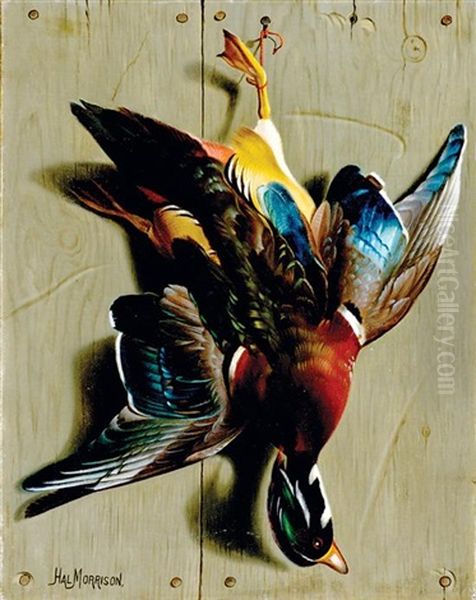 Hanging Wood Duck Oil Painting by Hal Alexander Courtney Morrison