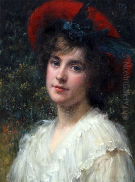 A Portrait Study Of A Young Lady Before A Flower Border Oil Painting by Robert Edward Morrison