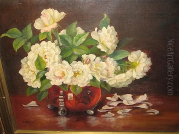 Peonies In Glass Vase Oil Painting by Eleanor Ecob Morse