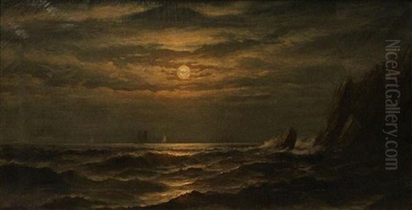 Rocky Coast In The Moonlight Oil Painting by Jonathan Bradley Morse