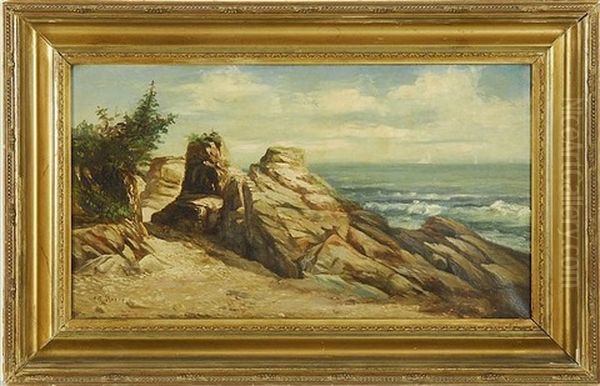 Rocky Coastal Landscape With Distant Ships by Jonathan Bradley Morse