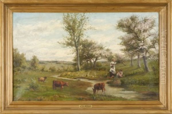 Pastoral Landscape With Cattle And Figures By The Stream Oil Painting by Jonathan Bradley Morse