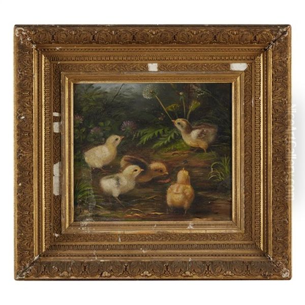 Chicks Catching Insects Oil Painting by N. E. Morse