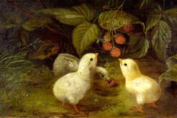 Three Chicks Eating Wild Raspberries Oil Painting by N. E. Morse