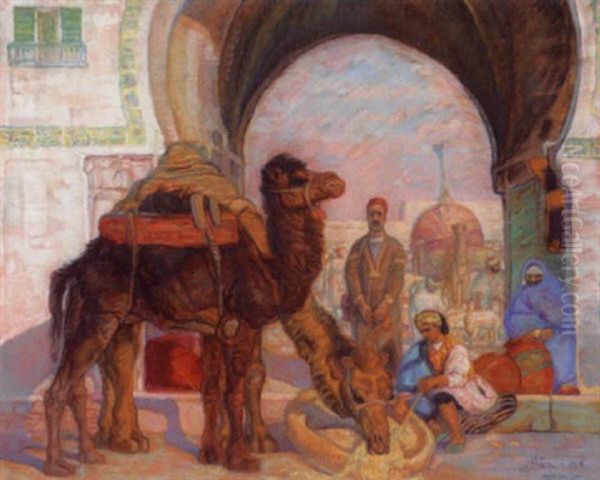 Les Chameaux Devant Kairouan Oil Painting by Anna Morstadt