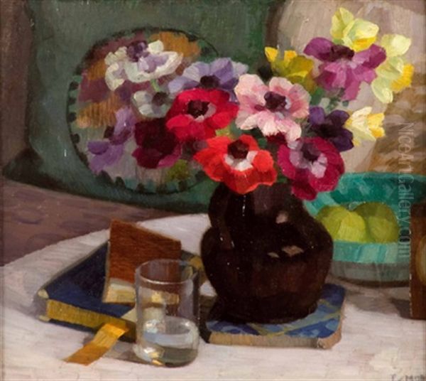 Stillleben Mit Blumen In Vase, Glas Und Buchern Oil Painting by Therese Von Mor-Sunegg