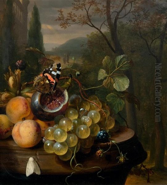 Still Life With Apricots, Grapes, A Fig And A Butterfly On A Stone Plinth Oil Painting by Jan Mortel