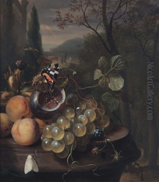 Apricots, Grapes, A Fig With A Butterfly, Blackberries And A White Moth On A Marble Ledge In An Italianate Landscape Oil Painting by Jan Mortel