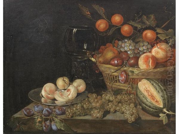 Peaches On A Pewter Plate And A Wicker Basket Of Fruit, With A Split Melon And Grapes On A Stone Ledge Oil Painting by Jan Mortel