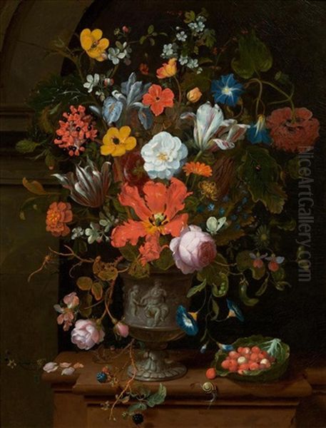 Grosser Blumenstrauss In Einer Dekorierten Bronzevase Mit Brombeerzweig, Erdbeeren Und Insekten Oil Painting by Jan Mortel