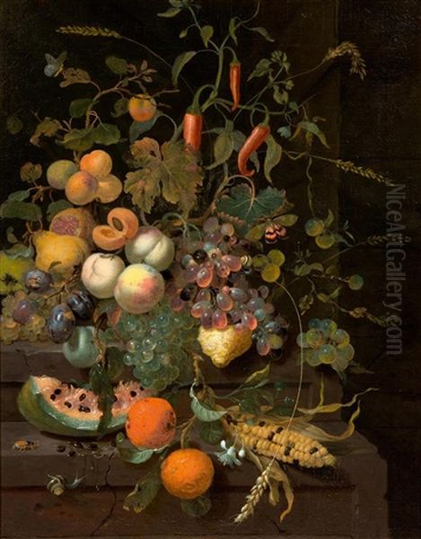 Fruchtestillleben Mit Pfirsichen, Trauben, Aprikosen, Melone, Bitterorangen, Einem Maiskolben Und Verschiedenen Kleinen Insekten Oil Painting by Jan Mortel