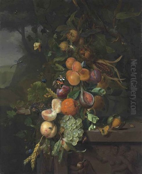 Peaches, Apricots, Plums, Grapes And Other Fruit, Ears Of Corn, Hazelnuts And A Walnut On A Plinth With A Sculpted Relief, With An Admiral, A Dragonfly And Other Insects In A Wooded Landscape by Jan Mortel