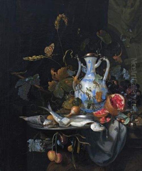 A Still Life With A Chinese Porcelain Jug, A Pewter Plate With A Herring, A Pomegranate, A Knife, An Onion, Grapes And Cherries, Together With A Snail And A Butterfly, All On A Stone Table Draped With A Grey Cloth Oil Painting by Jan Mortel