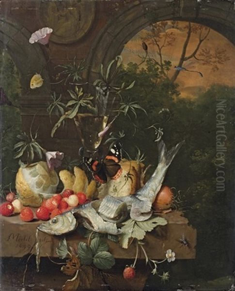 A Sliced Herring, Strawberries, A Peeled Lemon, Bread, And An Onion Oil Painting by Jan Mortel