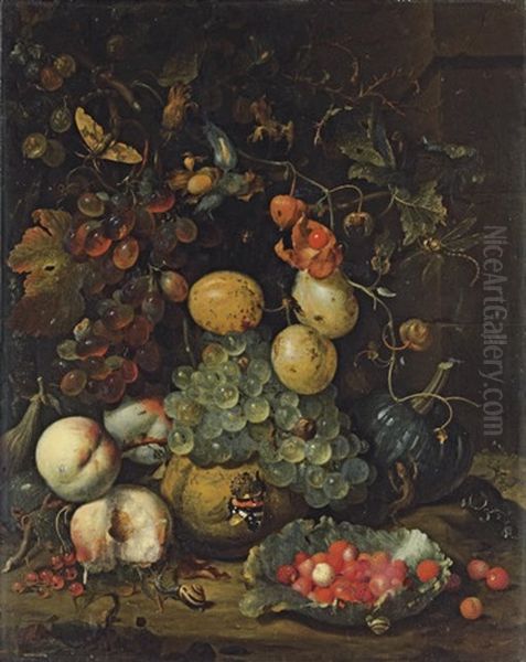 Figs, Plums, Grapes, Peaches, Redcurrants And A Pumpkin, With A Lettuce Leaf Filled With Wild Strawberries Oil Painting by Jan Mortel