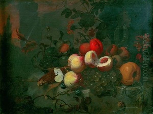 Nature Morte De Fruits Et Fleurs Sur Un Entablement De Pierre Oil Painting by Jan Mortel