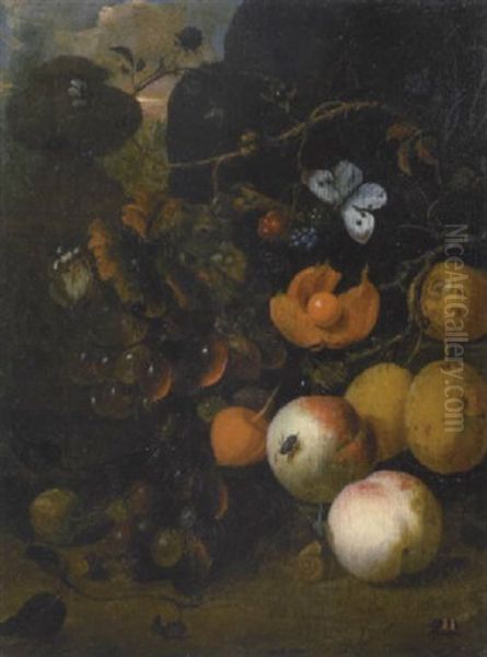 A Still Life With Peaches, Plums, Grapes And Blackberries By A Pedestal Oil Painting by Jan Mortel