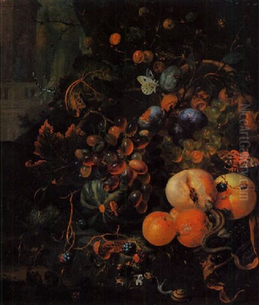 A Forest Floor Still Life With Peaches, Plums, Grapes On The Vine And Other Fruits, With A Lizard, A Snail And Butterflies Oil Painting by Jan Mortel