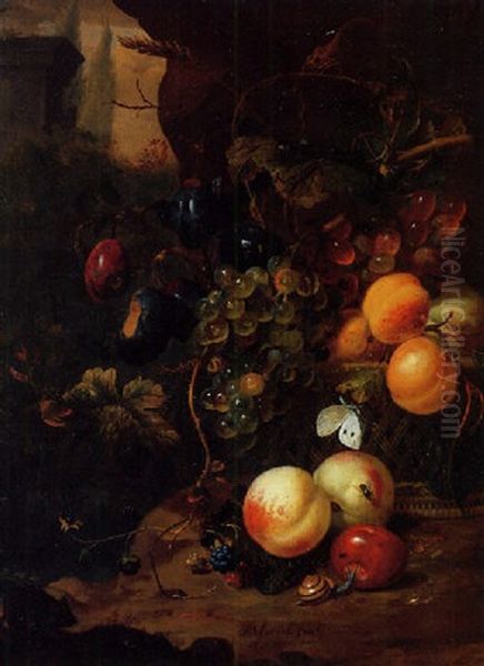 Peaches, Plums, Grapes On The Vine And Other Fruit In A Basket, With A Snail, A Dragonfly And A Mouse Oil Painting by Jan Mortel