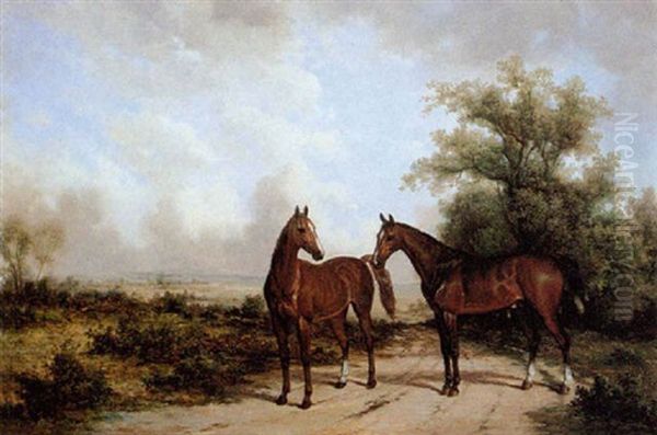 Two Horses Along The Path Oil Painting by Jan Mortel