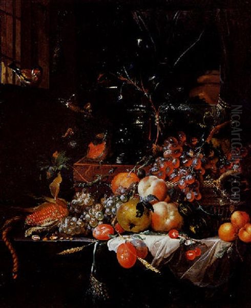 Nature Morte Aux Fruits, Verre De Vin Et Insectes Oil Painting by Jan Mortel