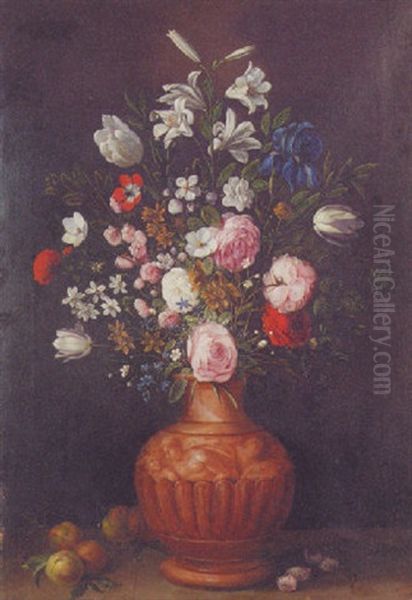 Lilies, Roses, Tulips, Carnations And Other Flowers In A Vase With Peaches On A Stone Ledge Oil Painting by Jan Mortel