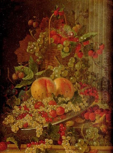 Still Life Of Peaches, Strawberries, Grapes And Red And White Currants On A Pewter Plate Oil Painting by Jan Mortel