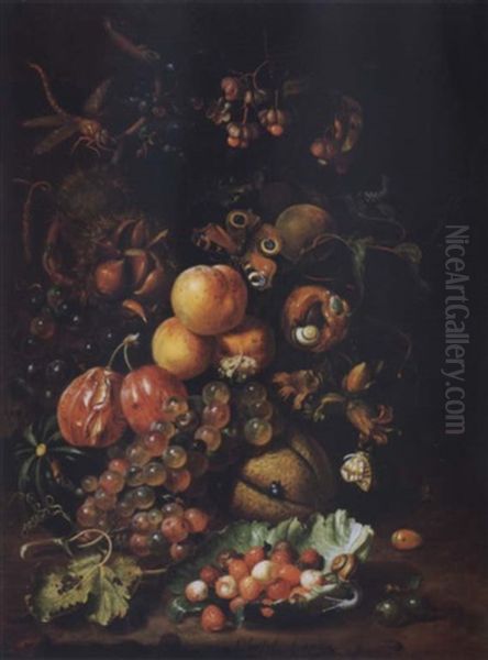 Elaborate  Still Life Of Fruit And Insects On The Ground Oil Painting by Jan Mortel