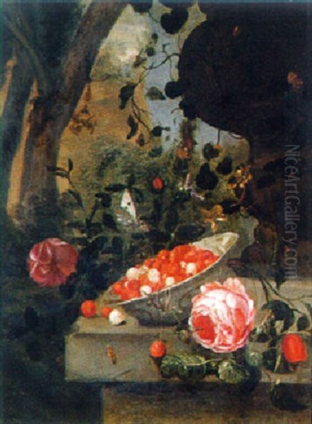 A Branch Of Roses And Fraise-de-bois In A Klapmuts By An Ivy Covered Sculpted Vase Oil Painting by Jan Mortel