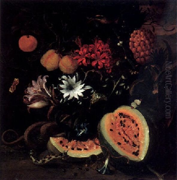 Forest Floor Still Life With An Open Watermelon, Exotic Fruits And Flowers, Butterflies And Snake Oil Painting by Jan Mortel