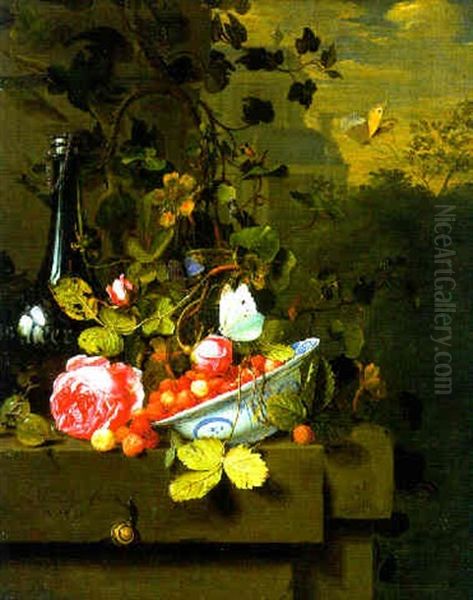 A Bowl Of Strawberries, A Bottle And A Rose On A Ledge, A Country Manor And A Formal Garden Beyond Oil Painting by Jan Mortel