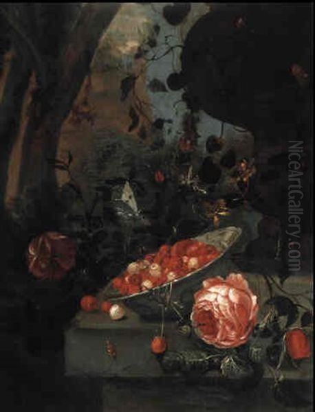 Stilleben Mit Erdbeeren Und Bluten In Einem Schlospark Oil Painting by Jan Mortel