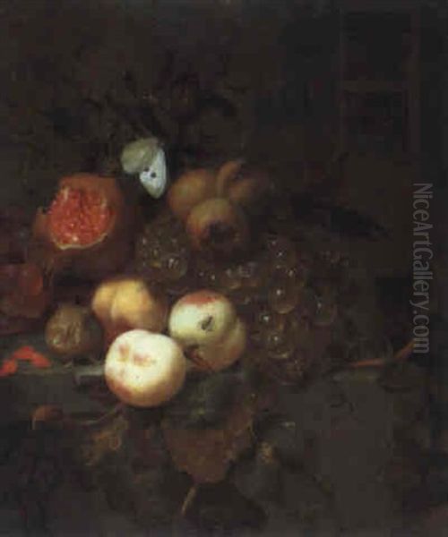 Stilleben Mit Einem Granatapfel, Pfirsichen, Weintrauben Undmohn Oil Painting by Jan Mortel