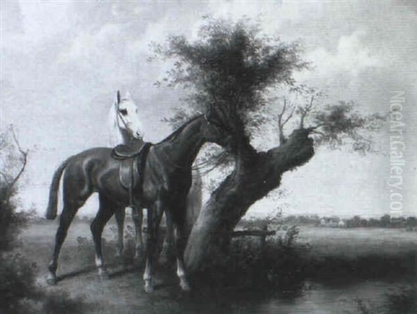 Horses Waiting By A Tree Oil Painting by Jan Mortel