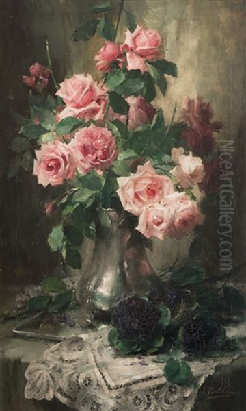 Vase With Red Roses And African Violets Oil Painting by Frans Mortelmans