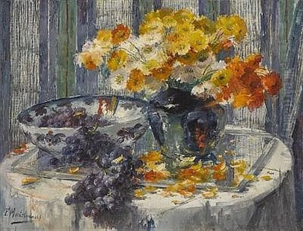 Stillleben Mit Blumenvase Und Weintrauben In Schale Oil Painting by Frans Mortelmans