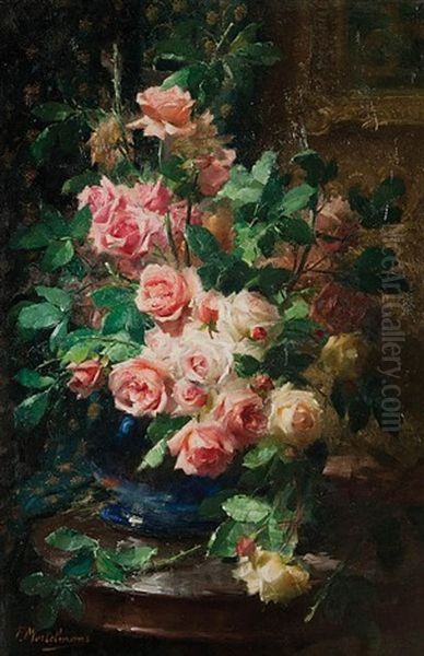 Still Life With Roses On A Table Oil Painting by Frans Mortelmans