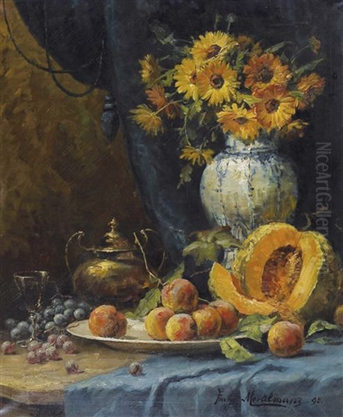 Still Life With Grapes, Peaches And Sunflowers (1898) Oil Painting by Frans Mortelmans