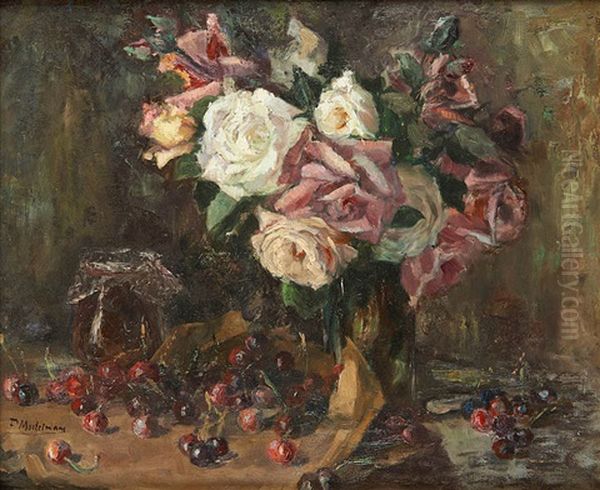 Vase Fleuri De Roses Et Cerises Oil Painting by Frans Mortelmans