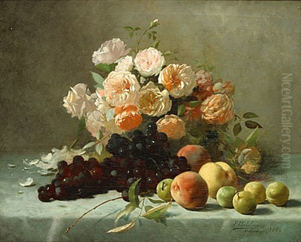 Stilleven Met Rozen En Fruit Oil Painting by Frans Mortelmans