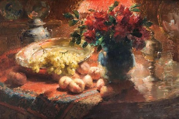 Nature Morte Aux Roses, Peches Et Raisins Sur La Table Oil Painting by Frans Mortelmans